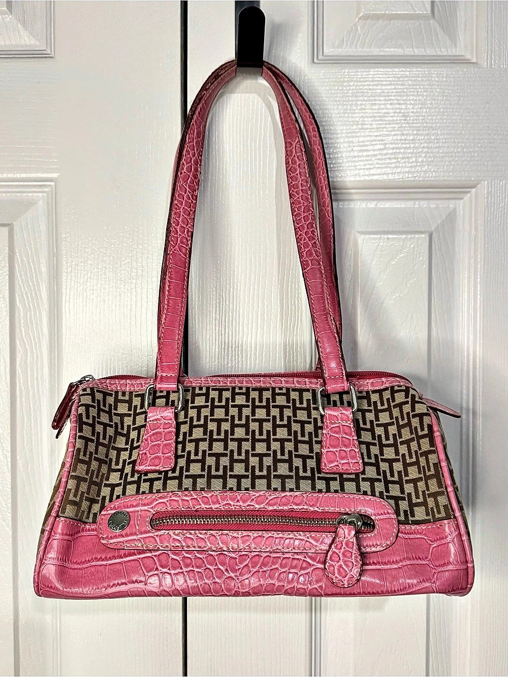 Y2K Tommy Hilfiger Pink & Brown Monogram Shoulder Bag